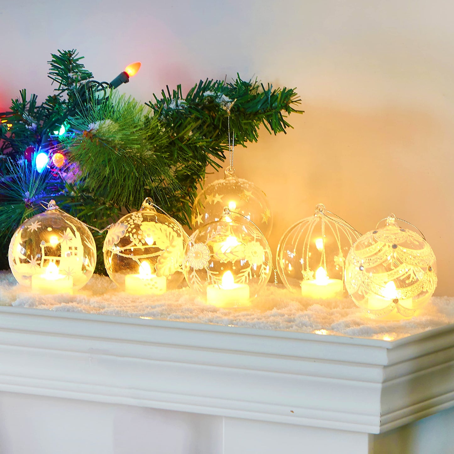 HappySpot 6 Pcs LED Christmas Clear Ball Set Xmas Tree Glass Light up Hanging Decorative Plastic Ornament for Xmas Party Decorations