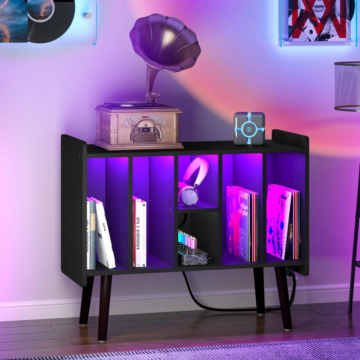 Clikuutory Large Record Player Stand, Vinyl Record Storage Cabinet with Power Outlet & LED Lights Holds Up to 200 Albums, Turntable Stand with Round Wood Legs for Bedroom, Living Room, Black Clikuutory