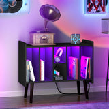 Clikuutory Large Record Player Stand, Vinyl Record Storage Cabinet with Power Outlet & LED Lights Holds Up to 200 Albums, Turntable Stand with Round Wood Legs for Bedroom, Living Room, Black Clikuutory