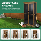 Ketive Outdoor Storage Cabinet Wood & Metal, Tall Tool Shed with Weatherproof, Double Lockable Doors, Removable 3 Shelves, Adjustable Feet for Patio, Garden, Backyard, Lawn, 32" x 15.5" x 66" (Brown) ketive