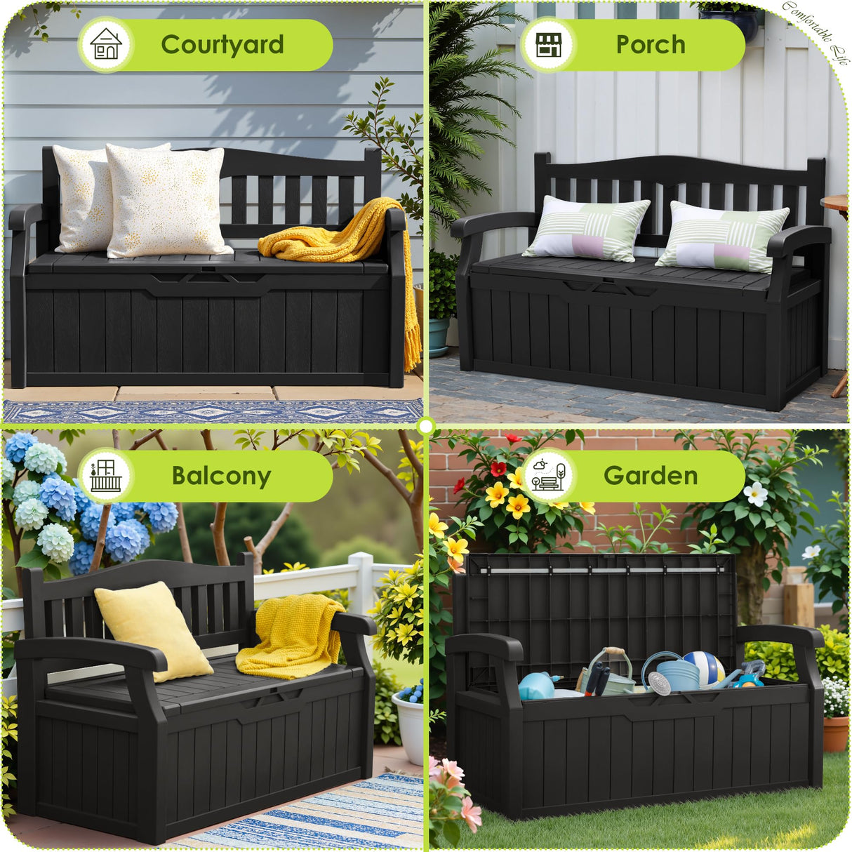 Greesum 80 Gallon Outdoor Storage Bench, Resin Patio Furniture with Armrest,Waterproof and UV-Resistant, Perfect to Garden, Poolside and Lawn, Dark Black Greesum