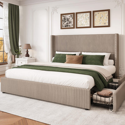 LARMACE King Size Bed Frame with 4 Storage Drawers,Corduroy Upholstered King Size Platform Bed Frame with Tufted Vertical Stripe,Solid Wood Leg/No Box Spring Needed/Noise Free,Brown