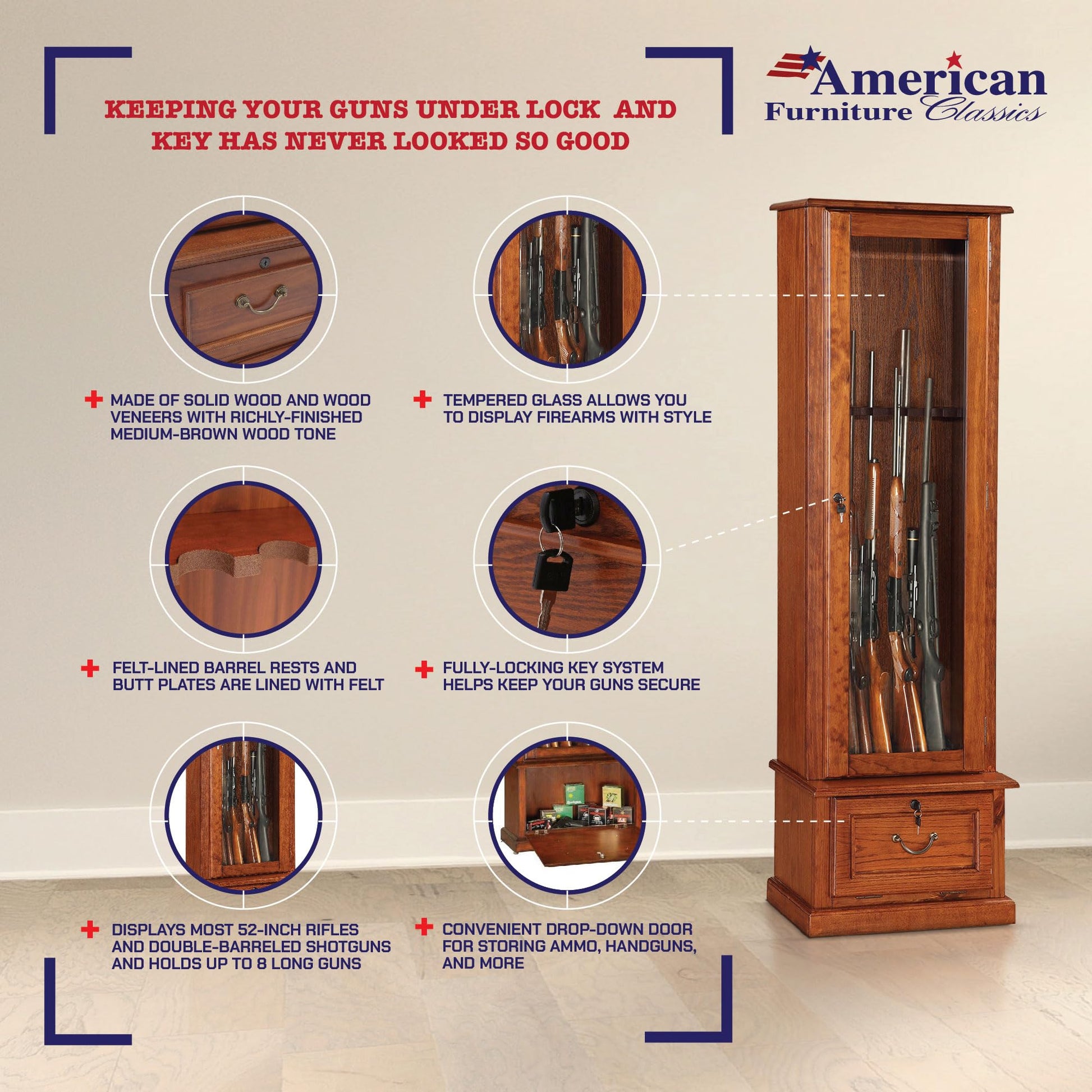 American Furniture Classics Model Wood Gun Display Cabinet, Brown - WoodArtSupply