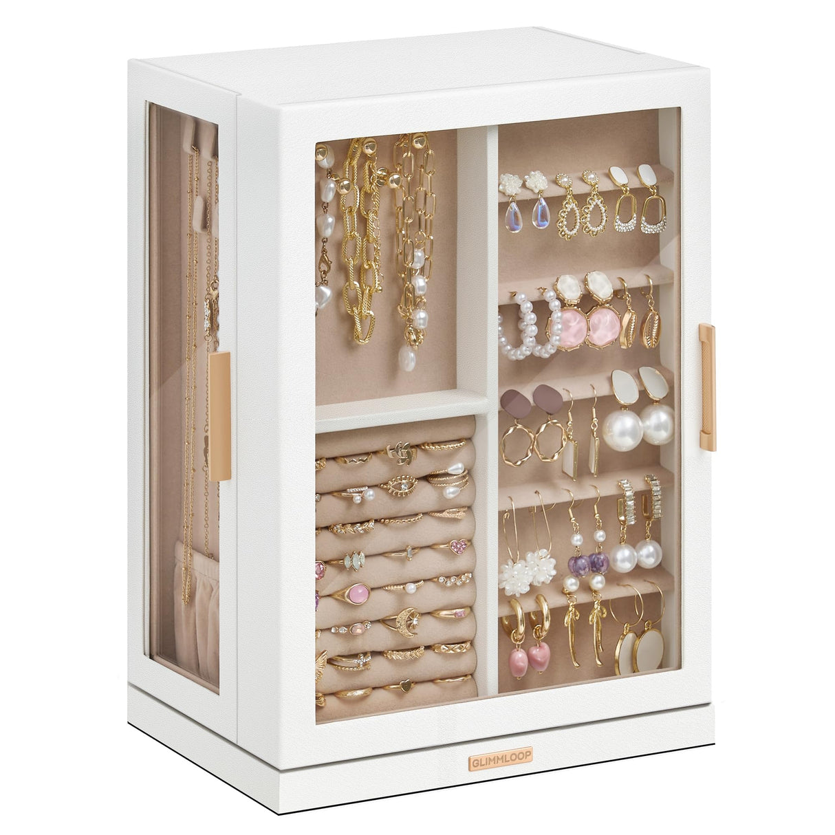 Glimmloop 360° Rotating Jewelry Box with 7 Drawers, Spacious Vertical Jewelry Organizer with Glass Window, Jewelry Storage Case, Dustproof & Moisture-resistant Design, White Glimmloop