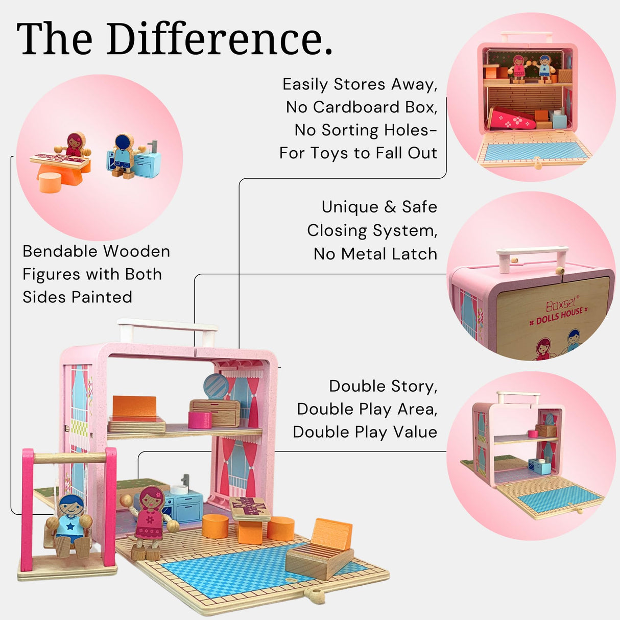 BR Play Wooden Dollhouse - Portable and Foldable Doll House with Little People Figurines & Dollhouse Accessories - Classic Preschool & Toddler Toy with Dollhouse Furniture & Pretend Swing Playset. BR Play