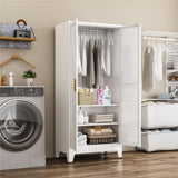 Metal Wardrobe Closet with Doors and Shelves, 71" Farmhouse Bedroom Armoire with Hanger Rod and Clothing Shelf, White Steel Wardrobe Cabinet Storage Clothes Closet Bevivog