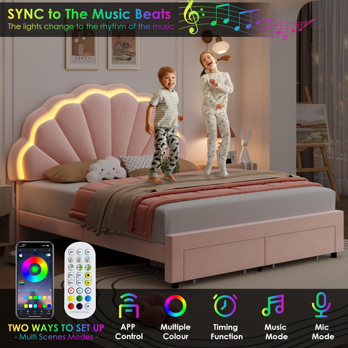 HIFIT Full Size Upholstered Smart LED Bed Frame with 2 Storage Drawers and Adjustable Chic Double Petal Headboard, Princess Platform Bed for Girls, Solid Wood Slats Support/No Box Spring Needed, Pink HIFIT