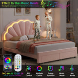 HIFIT Full Size Upholstered Smart LED Bed Frame with 2 Storage Drawers and Adjustable Chic Double Petal Headboard, Princess Platform Bed for Girls, Solid Wood Slats Support/No Box Spring Needed, Pink HIFIT