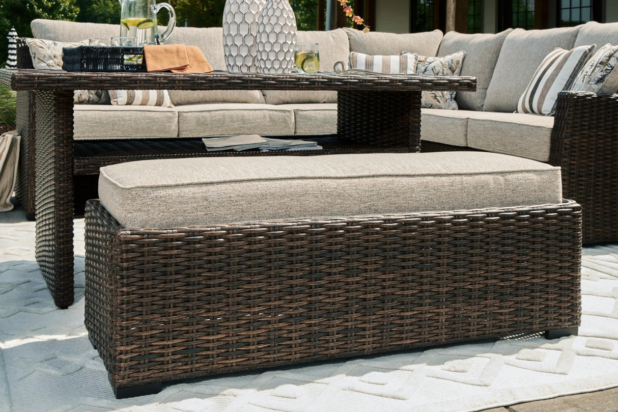 Signature Design by Ashley Brook Ranch Casual Weather Resistant Right Hand Facing Outdoor Sofa Sectional/Bench with Cushion and 6 Throw Pillows, Set of 3, Beige & Dark Brown Signature Design by Ashley