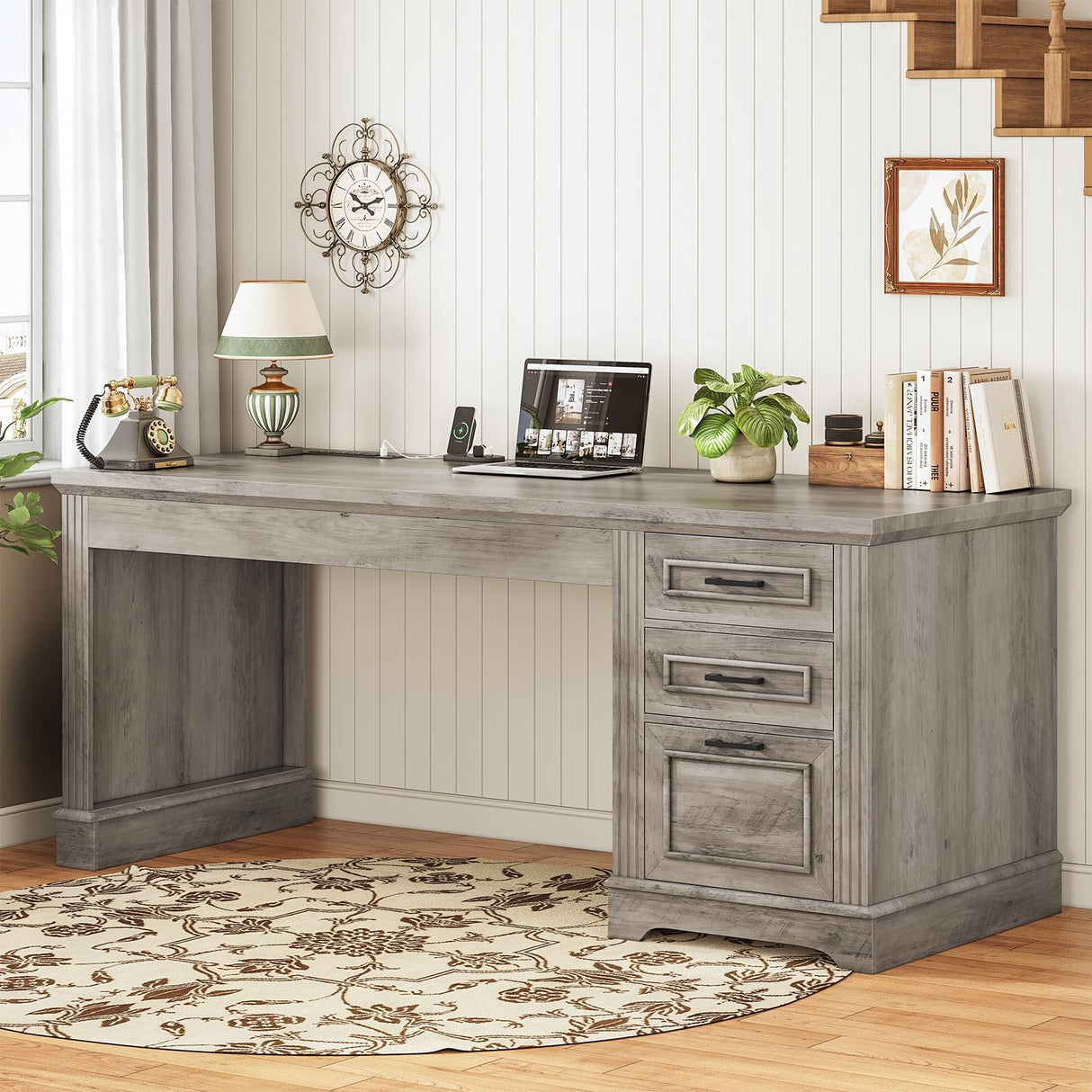 SEDETA Executive Office Desk with 3 Drawers, Farmhouse 55" Computer Desk with Storage File Drawers & Power Outlet for Home Office, Grey SEDETA