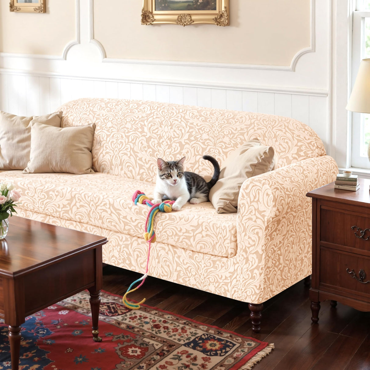 SUBRTEX 2 Piece Couch Covers, Jacquard Damask 3 Seater Sofa Cover with Seat Cushion, Stretch Sofa Slipcovers Non Slip Furniture Protector for Dogs Pets (Large, Khaki) SUBRTEX