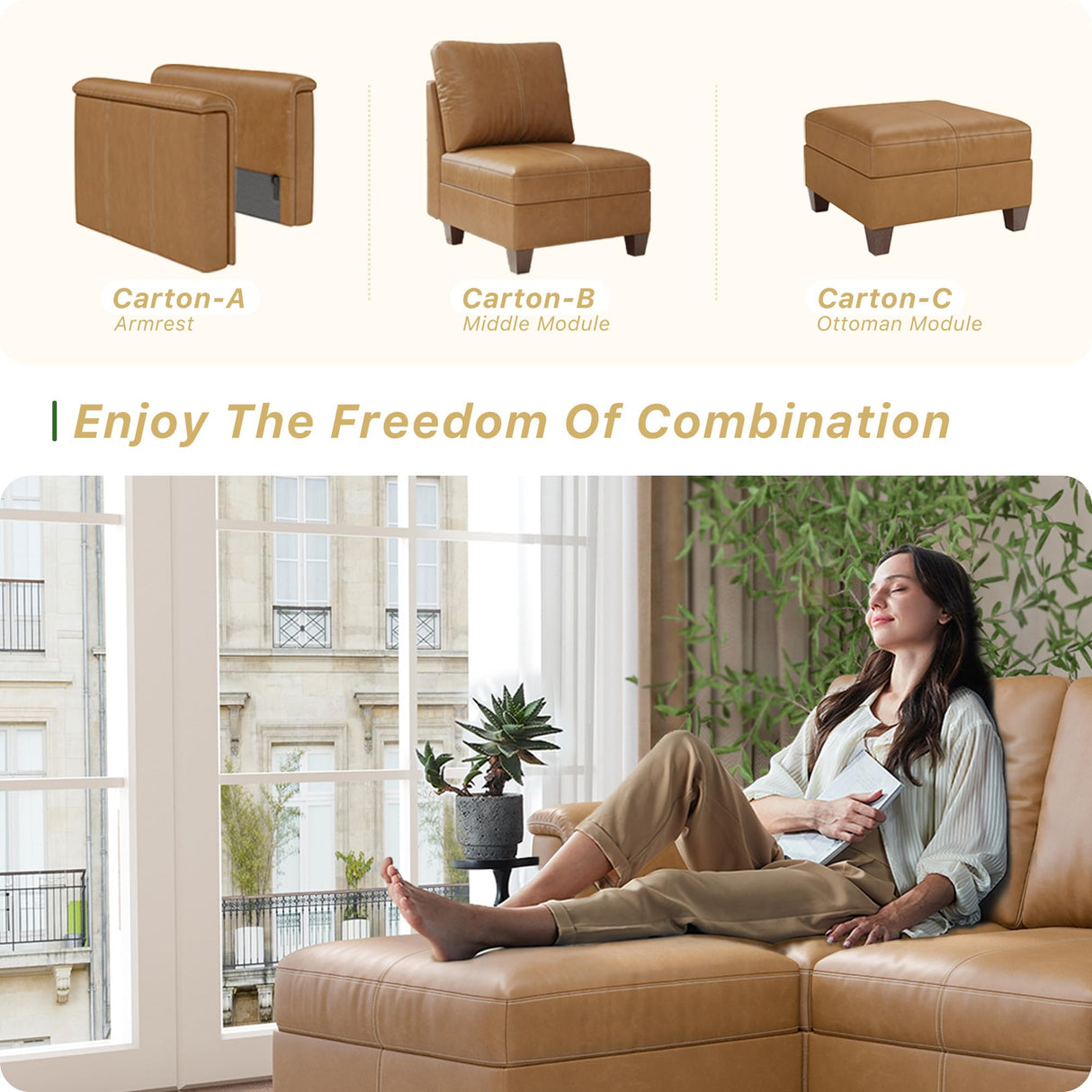 SITJOY Faux Leather 4 Seat L Shape Modular Sofa with Storage Ottoman, L Shaped Sectional Couches for Living Room, 92 inch Width, Brown SITJOY