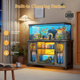 Unikito Reptile Tank Stand Fish Tank Stand with Power Outlets & LED Light, 55-75 Gallon Reversible Terrarium Stand with Cabinet, Metal Aquarium Stand for Reptile Terrarium, Turtle Tank, Black Oak Unikito