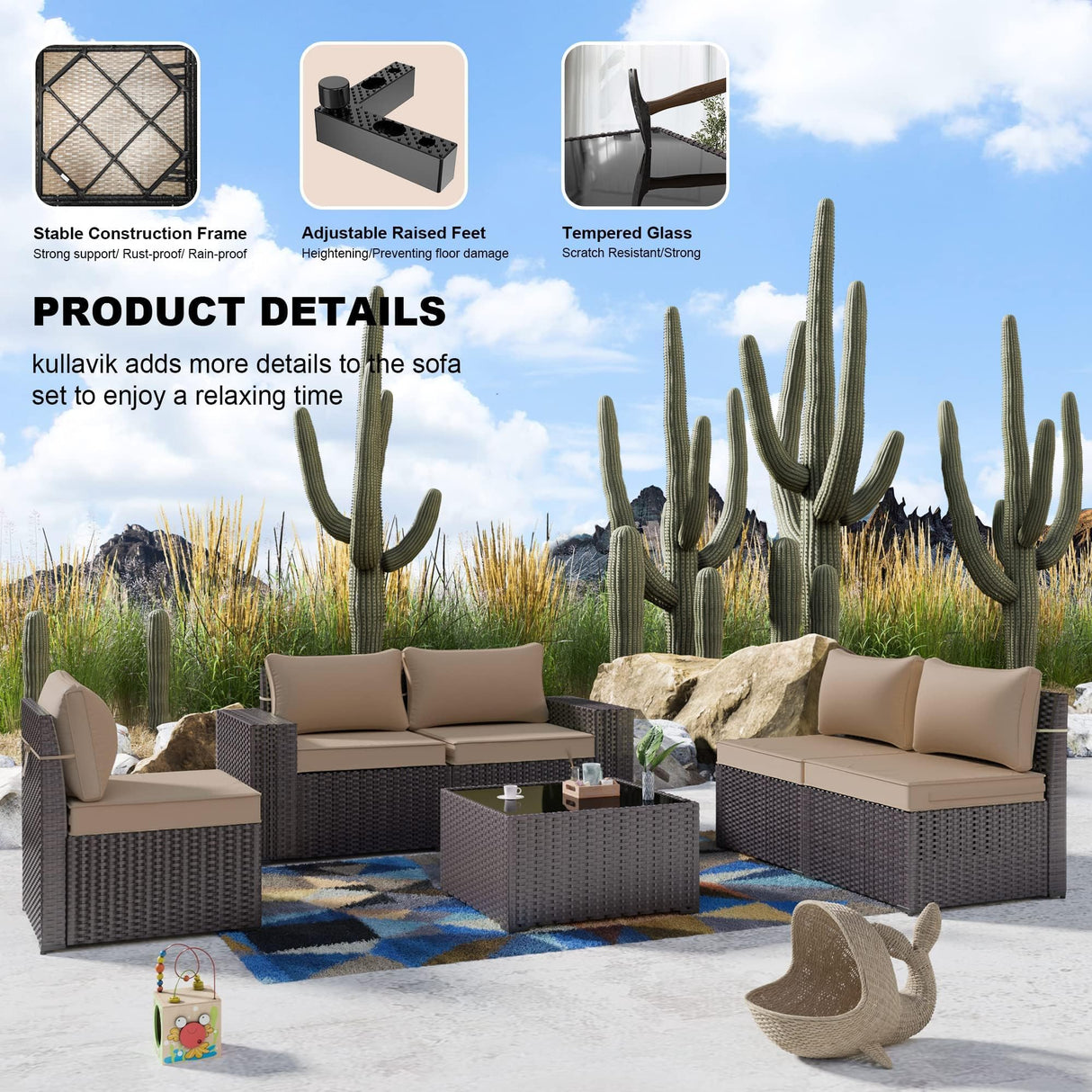Kullavik 9 Pieces Outdoor Patio Furniture Set,PE Wicker Rattan Sectional Sofa Patio Conversation Sets with Tempered Glass Table,Swivel Rocking Chairs Set,Sand Kullavik
