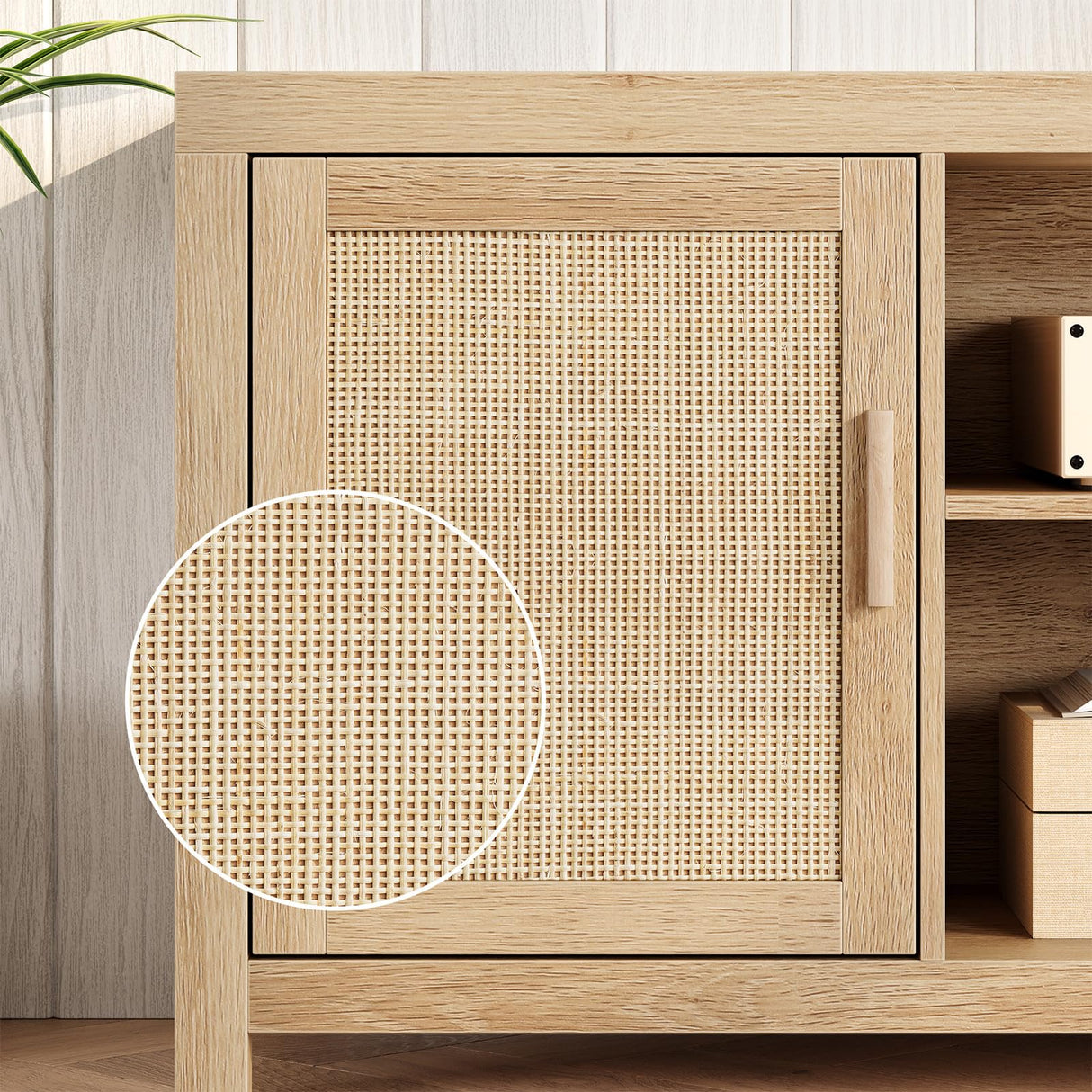 IDEALHOUSE Rattan TV Stand for 75 inch, Boho Entertainment Center with Adjustable Shelves, Natural Oak TV & Media Cabinet 2-Tier Storage for Living Room Bedroom IDEALHOUSE