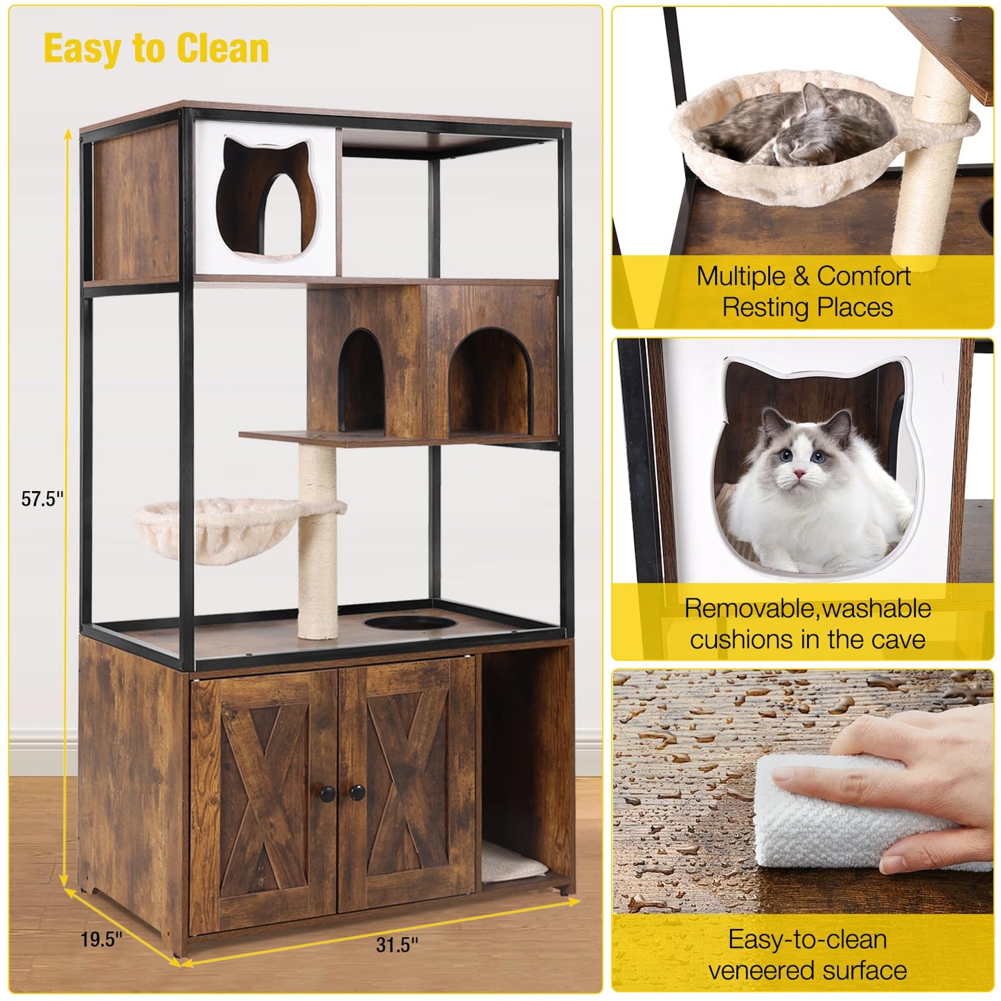 Aivituvin Cat Litter Box Enclosure, Litter Box Furniture Hidden, Wooden Cat Washroom Furniture, Indoor Cat House with Condo, Hammock, Scratching Mat and Storage Shelves