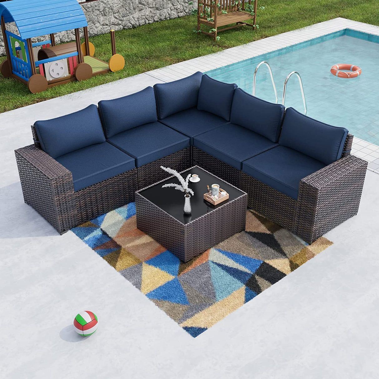 Kullavik 6PCS Outdoor Patio Furniture Set PE Wicker Rattan Sectional Sofa Patio Conversation Sets,Navy Blue Kullavik