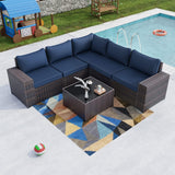 Kullavik 6PCS Outdoor Patio Furniture Set PE Wicker Rattan Sectional Sofa Patio Conversation Sets,Navy Blue Kullavik