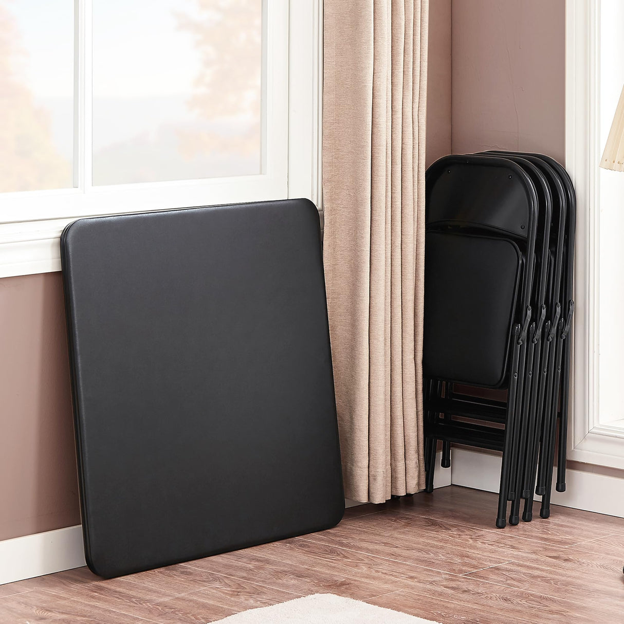 VECELO Folding Card Table and Chair Set of 5 Portable with Padded Tabletop, No Assembly Required, Black VECELO