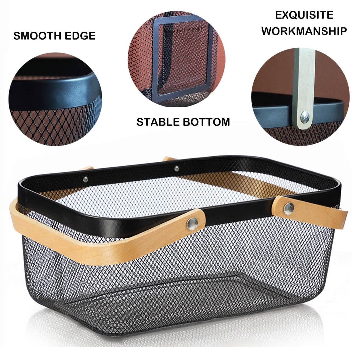 Cheardia 2 Pack Picnic Baskets, Metal Mesh Harvest Basket with Foldable Wooden Handle, Rectangle Garden Storage Basket Bin for Vegetable Fruit Garden Kitchen Cabinet Picking Gathering Cheardia
