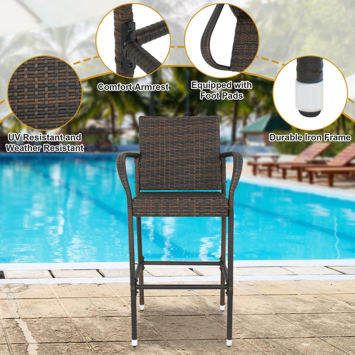 ZENY Set of 2 Wicker Barstool All Weather Dining Chairs Outdoor Patio Furniture Wicker Chairs Bar Stool with Armrest ZENY