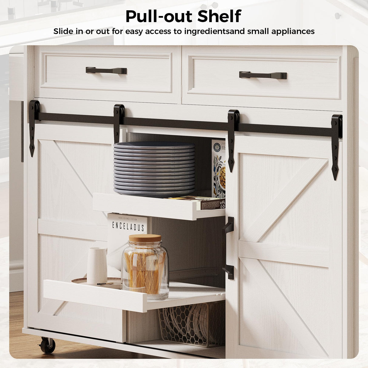 IRONCK Kitchen Island with Storage, Rolling Kitchen Island Cart with Drop Leaf Countertop, Island Table for Kitchen with Pull-Out Shelf, Barn Doors, for Dining Room, Home Bar, White IRONCK