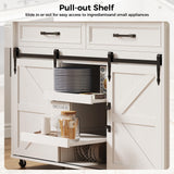 IRONCK Kitchen Island with Storage, Rolling Kitchen Island Cart with Drop Leaf Countertop, Island Table for Kitchen with Pull-Out Shelf, Barn Doors, for Dining Room, Home Bar, White IRONCK