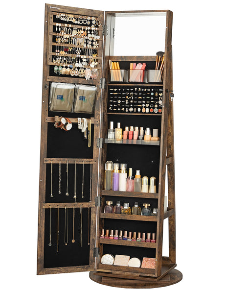 SONGMICS 360° Swivel Jewelry Cabinet, Lockable Jewelry Organizer with Full-Length Mirror, Rear Storage Shelves, Interior Mirror, Jewelry Armoire, Gift Idea, Rustic Brown UJJC006X01 SONGMICS