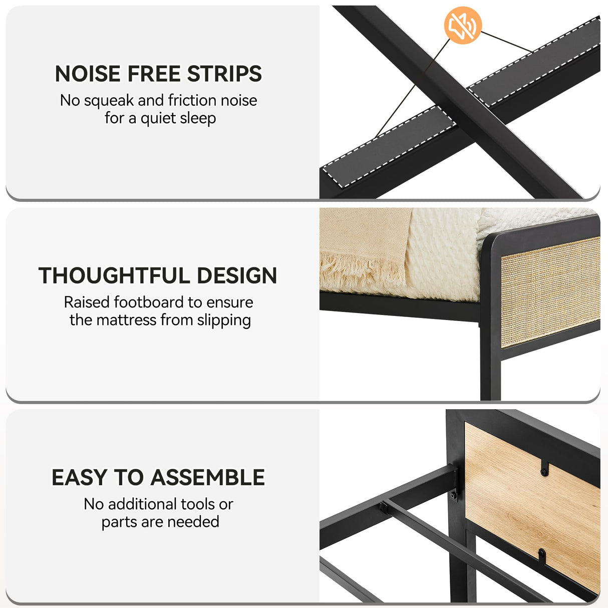 IDEALHOUSE Queen Size Bed Frame with Rattan Headboard and Footboard, Platform Bed Frame with Safe Rounded Corners, Strong Metal Slats Support, Mattress Foundation IDEALHOUSE