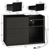 LIKIMIO Black Night Stand with Shelves, Charging Station & LED, 2 Drawer Wooden Bedside Table Record Player Stand for Bedroom, Entryway, Large LIKIMIO