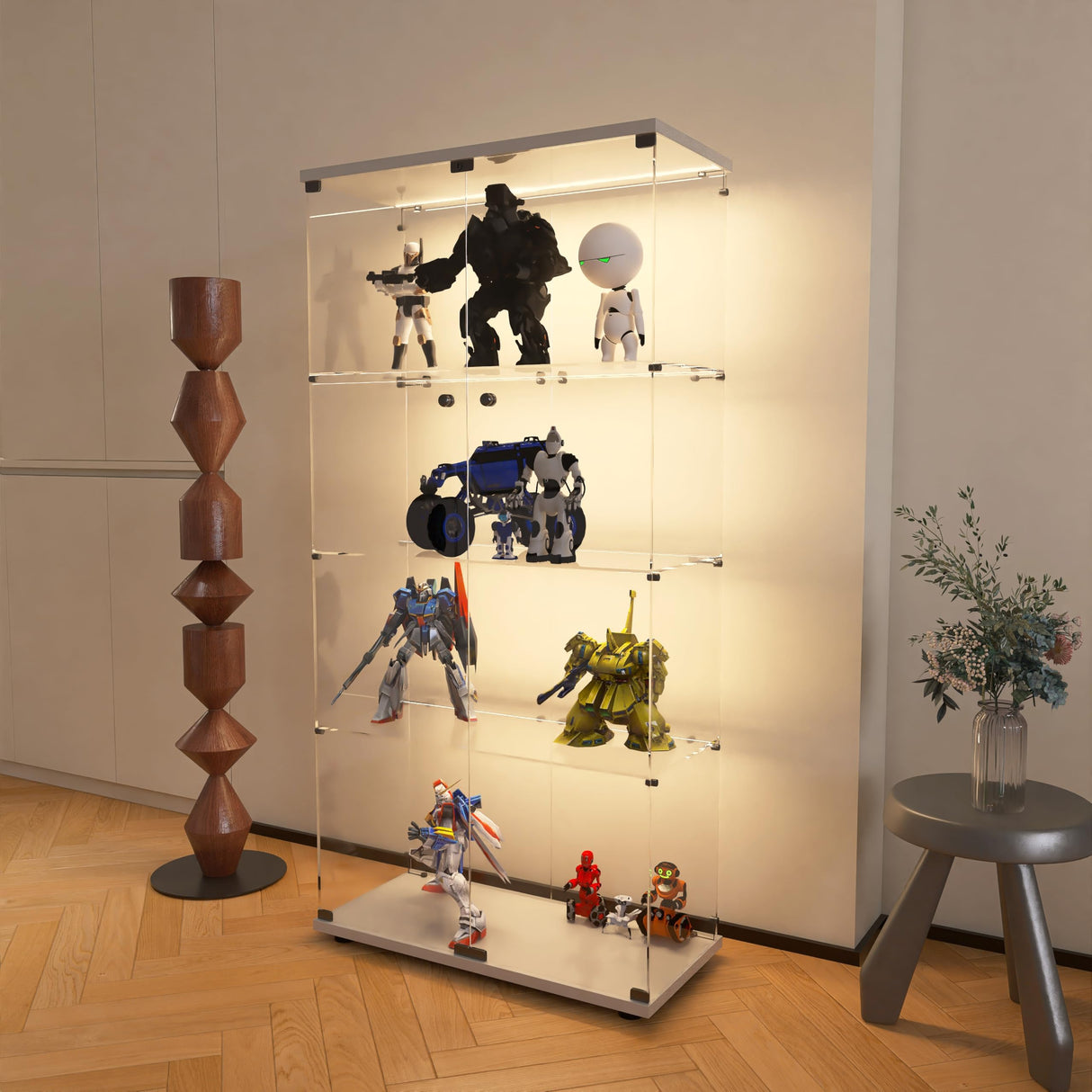 Modern 4-Tier Glass Display Shelf with 2 Doors, Curio Cabinet Collection - Floor Standing Display Case for Living Room, Bedroom, Home Office - 30" W x 14.5" D x 64" H (White with LED Light Strip) Zacis