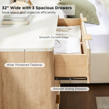T4TREAM Fluted 3 Drawer Dresser, 32" Tall Modern Chest of Drawers with Faux Marble Top, Curved Profile Design, Wood Drawer Organizer for Bedroom, Living Room, Hallway, Entryway, Natural Oak T4TREAM