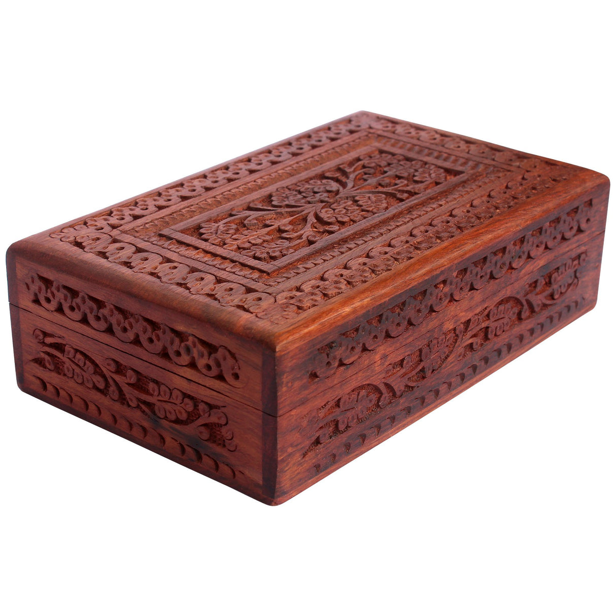 ITOS365 Handmade Wooden Keepsake Storage Case Jewelry Box Jewel Organizer - Floral Hand Carvings with Brass Inlay - Gifts for Women, 8 x 5 Inches ITOS365