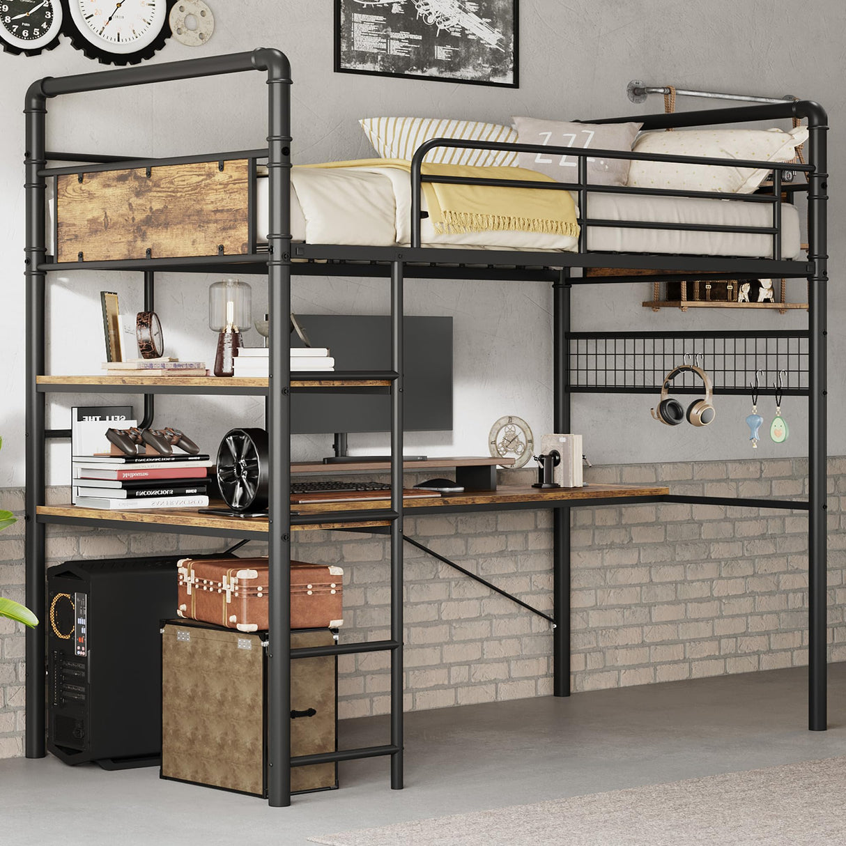 IDEALHOUSE Loft Bed Twin Size with l-Shaped Desk, Metal Bunk Bed with 2 Open Shelves and Decorative Mesh, Twin Loft Bed with 13.4" h Safety Guard & Ladder,No Box Spring Needed,Brown IDEALHOUSE