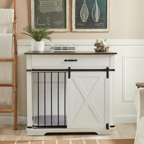 KACVON 37.8" Dog Crate Furniture - Indoor Wooden Dog Kennel Furniture with Sliding Barn Door and Storage Drawer, White KACVON