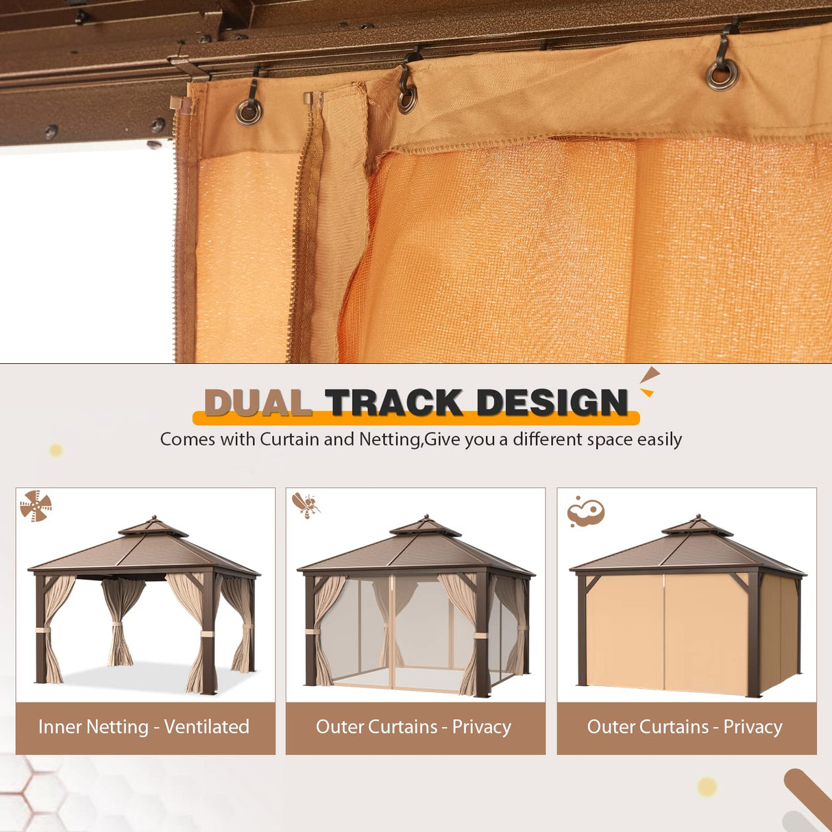 EROMMY 12'x12' Hardtop Gazebo Galvanized Steel Outdoor Gazebo Canopy Double Vented Roof Pergolas Aluminum Frame with Netting and Curtains for Garden,Patio,Lawns,Parties EROMMY