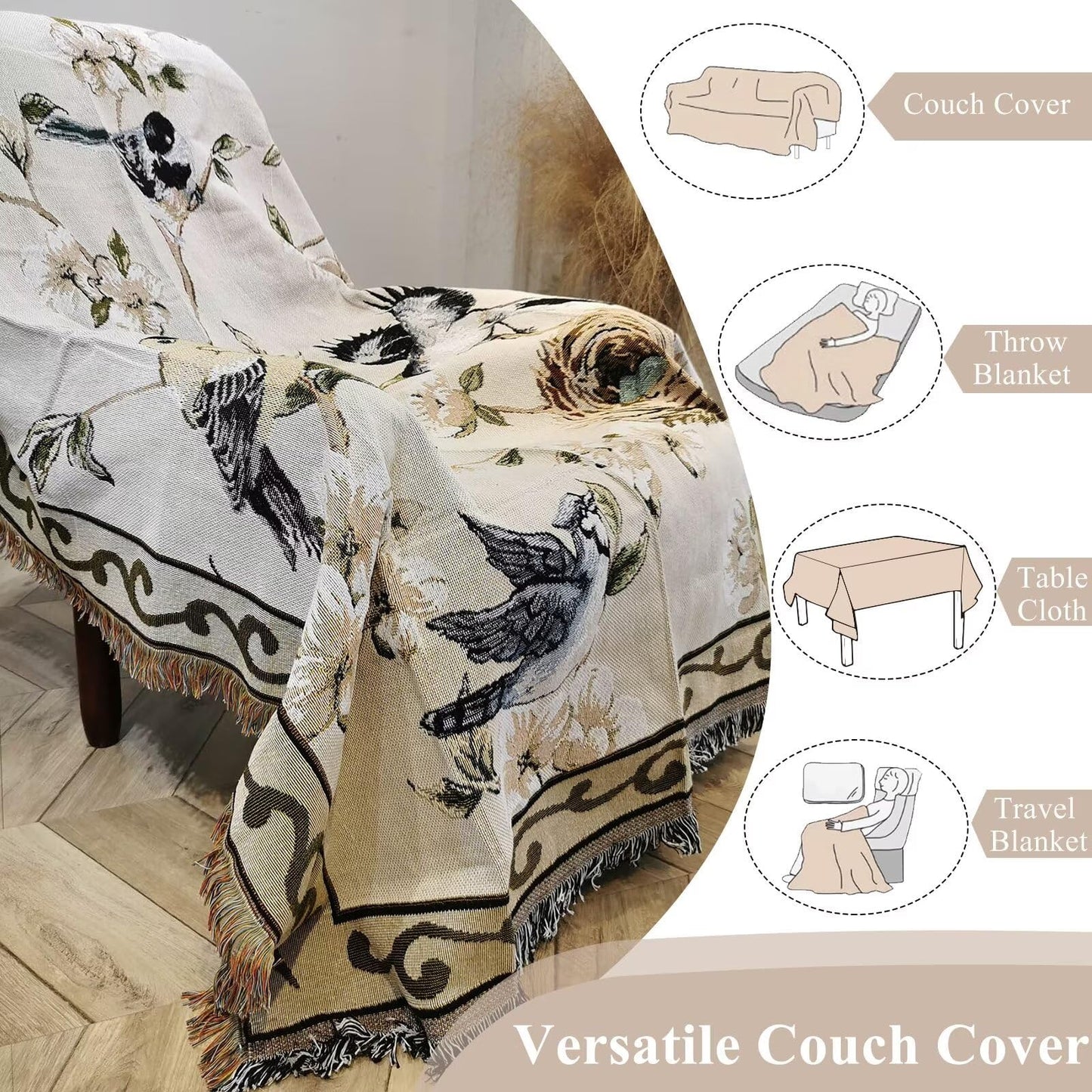 VClife Boho Beige Floral Birds Couch Cover Soft Thick Cotton Linen Farmhouse Sofa Cover for 3 Cushion Couch Sofa, Breathable Non-Slip Sectional Sofa Protector 1 PC Futon L Shpe Slipcover with Tassels