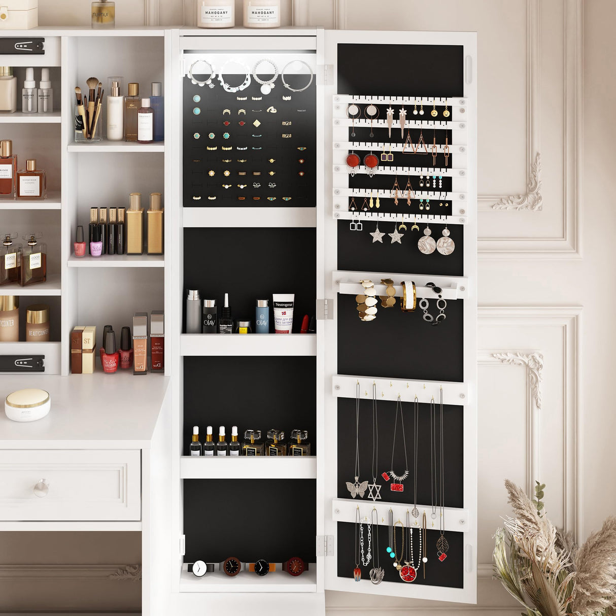 Makeup Vanity Desk with LED Lighted Sliding Mirror, Vanity Table with Jewelry Cabinet and 4 Drawers, Charging Station & Lots Storage Shelves, Adjustable Brightness, Dressing Table Cushioned Stool Set Vabches