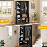 DWVO 39" Hall Tree with Bench and Shoe Storage, 6 Shoe Cubbies & 5 Coat Hooks, 4 Side Storage Cubbies, Entryway Bench with Coat Rack for Entryway Hallway Bedchamber Narrow, Adjustable Shelf (Black) DWVO