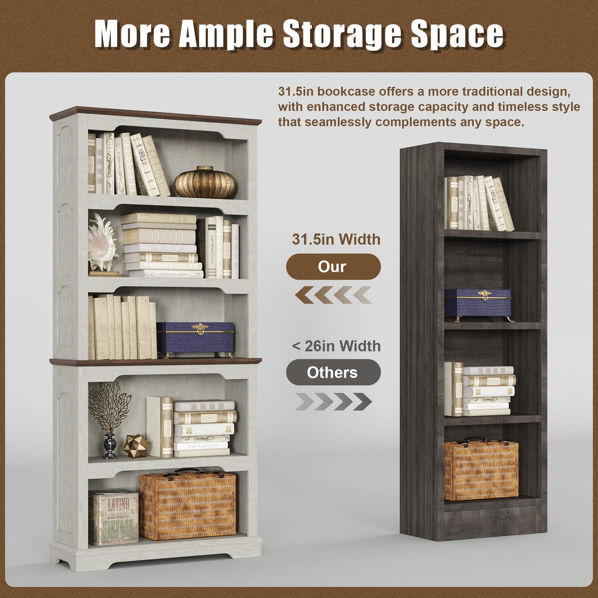 TRONLEE Tall Bookcase, 70 inch Height, 5-Tier Open Storage Shelf, 31.5 in Wide Standing Bookshelves for Home, Office, Bedroom, School, Library, 31.5W * 11.81D *70H (White Espresso, Open Storage) TRONLEE