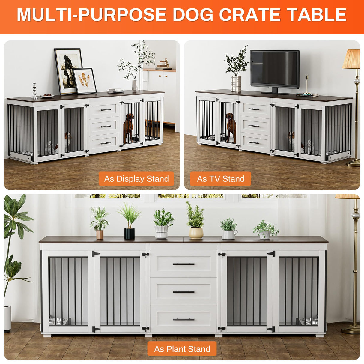 Rophefx 94.5" Dog Crate Furniture for 2 Dogs, Large Dog Kennel Furniture with 3 Storage Drawer, Wooden Dog Cage with 4 Bowls, Indoor Dog House TV Stand with Locks for Large Medium Dog, White Rophefx