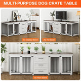 Rophefx 94.5" Dog Crate Furniture for 2 Dogs, Large Dog Kennel Furniture with 3 Storage Drawer, Wooden Dog Cage with 4 Bowls, Indoor Dog House TV Stand with Locks for Large Medium Dog, White Rophefx