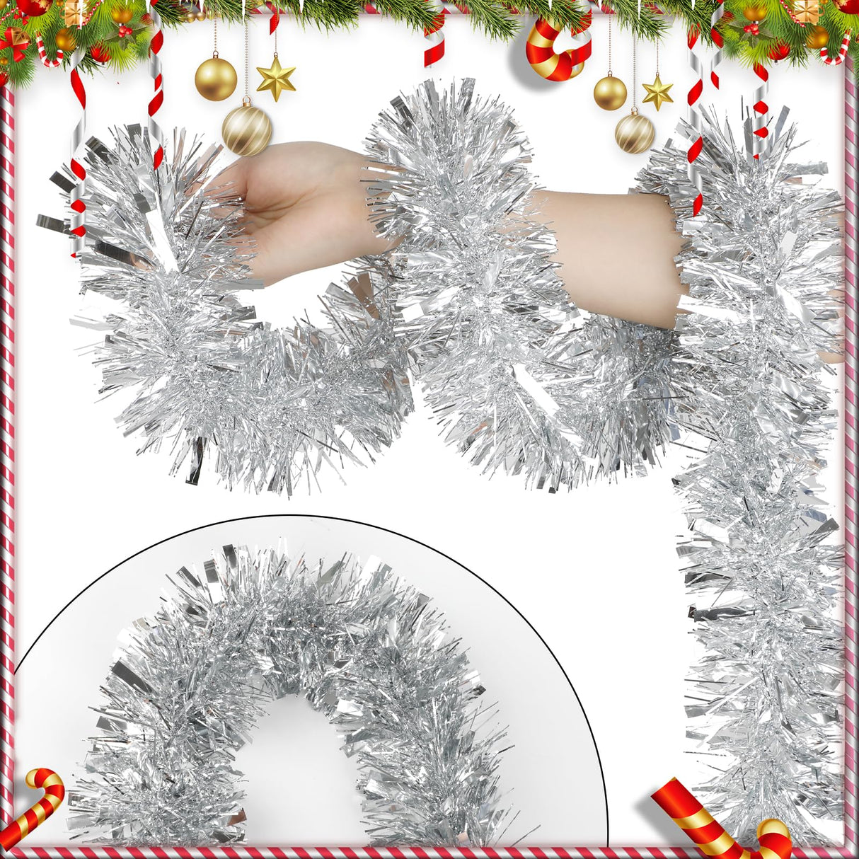 DECORA 33 Feet Silver Tinsel Garland, Christmas Metallic Hanging Tinsel Garland for Xmas Tree Home and Party Decoration CCINEE
