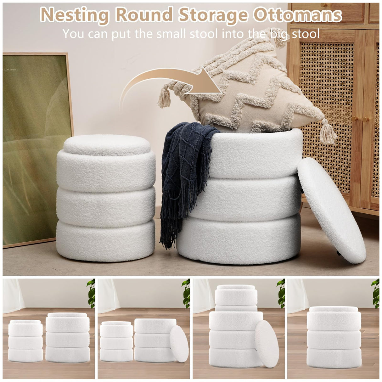 oakvivo Round Ottoman with Storage Set of 2, Soft Teddy Velvet Upholstered Foot Stool Vanity Chairs, Support 330lbs Padded Seat Multifunctional Ottomans Footrest, Foot Rest for Living Room, White oakvivo