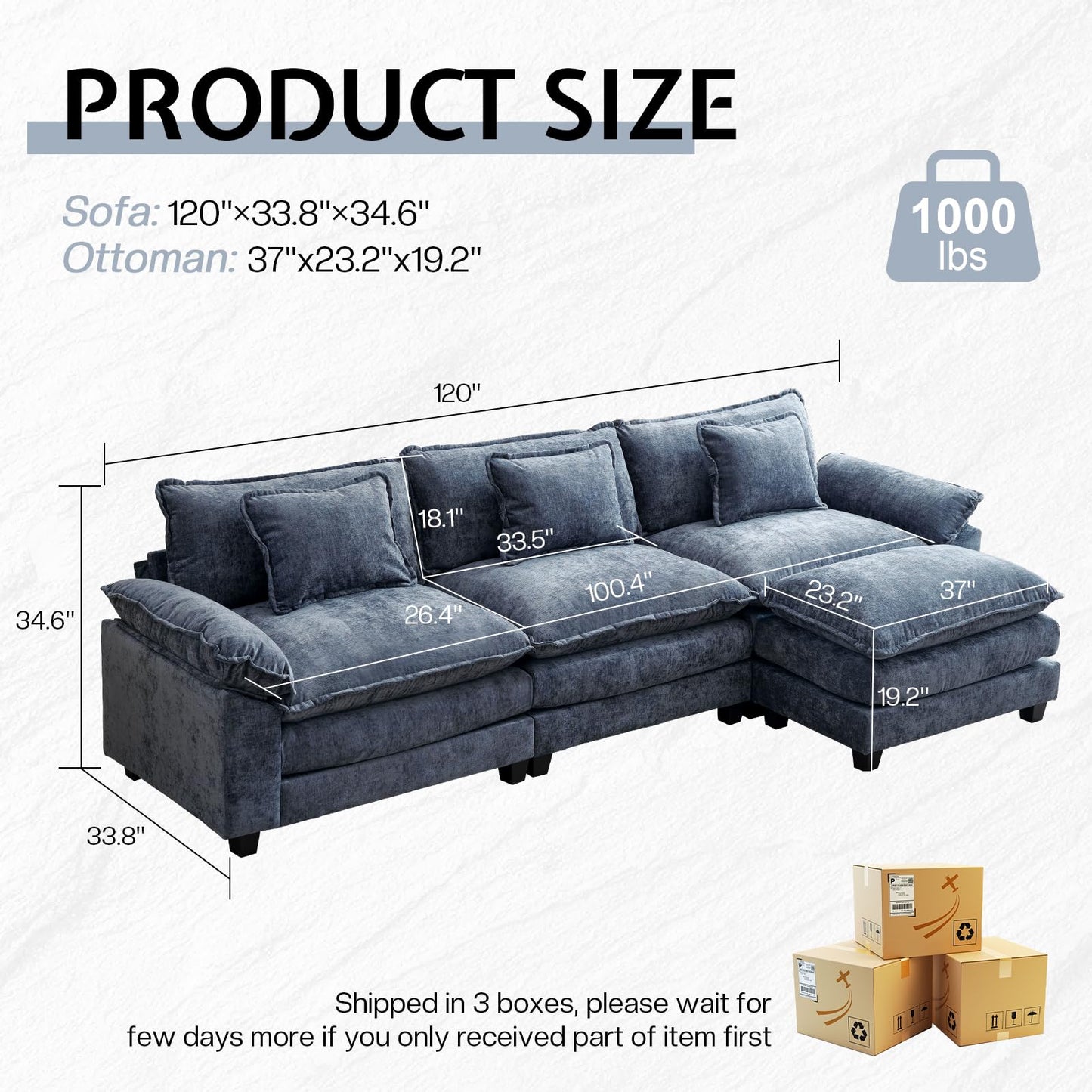 OQQOEE Sectional Sofa Modular Cloud Couch Upholstered Deep Seat Cloud Sofas with Ottoman Comfy Chenille Sofa Sleeper for Living Room,Apartment (Blue, L Shaped-3 Seat & Ottoman)