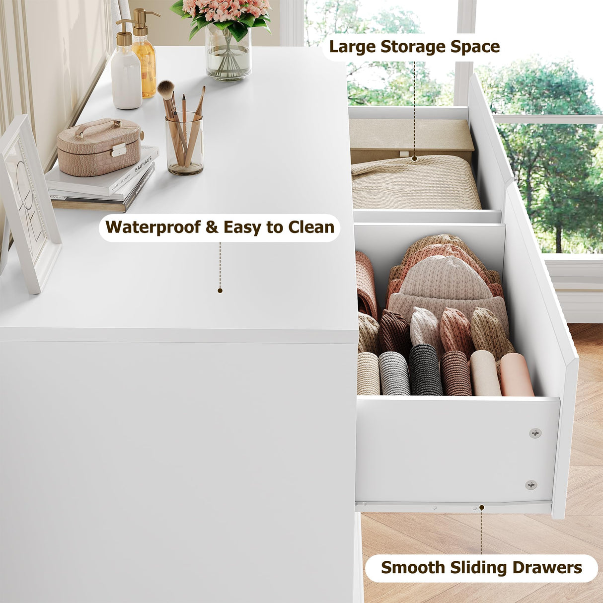 HOSTACK White Dresser, Modern 6 Drawer Double Dresser, Wide Dresser Chest of Drawers with Wavy Pattern | Handleless Deep Drawers, Wood Storage Dresser Cabinet for Living Room, Hallway, Entryway, White HOSTACK