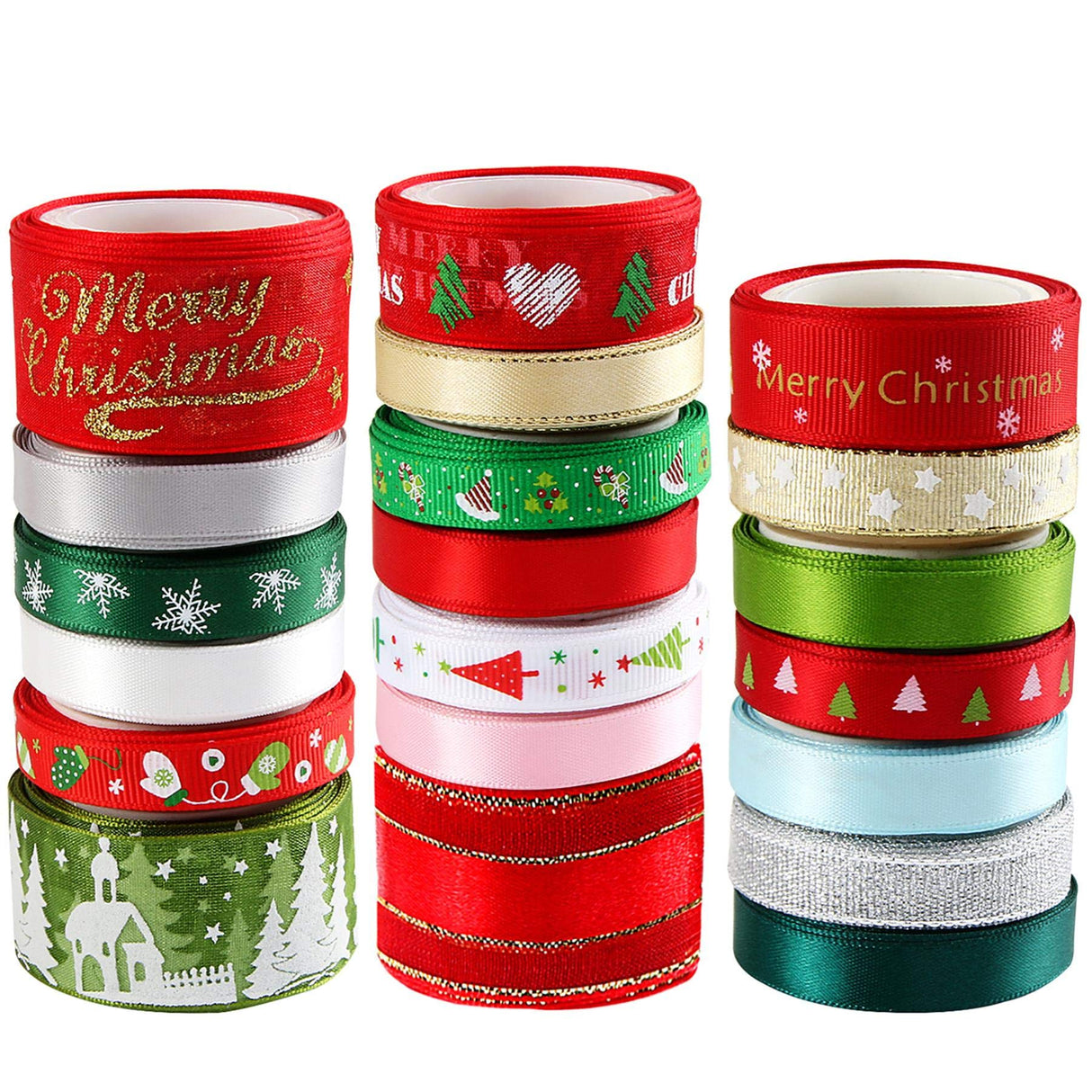 SANNIX 20 Pieces 3 Size Christmas Ribbons for Craft Holiday Printed Grosgrain Organza Satin Ribbons Metallic Glitter Fabric Ribbons Bulk Gift Wrapping Bow(20x2yd) SANNIX