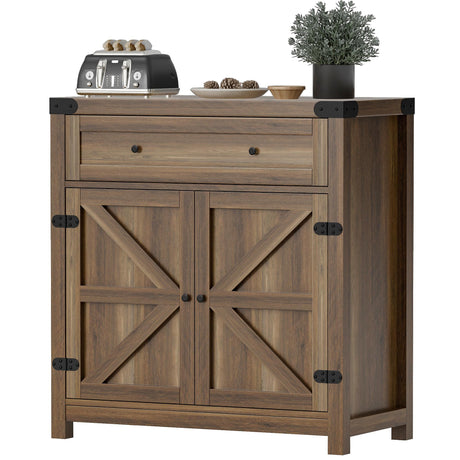 Flamaker Sideboard Buffet Cabinet with Storage, Farmhouse Coffee Bar Cabinet with 1 Drawer and 2 Barn Doors, Barn Door Console Table, Storage Cabinet for Kitchen, Dining Room, Entryway (Brown) Flamaker