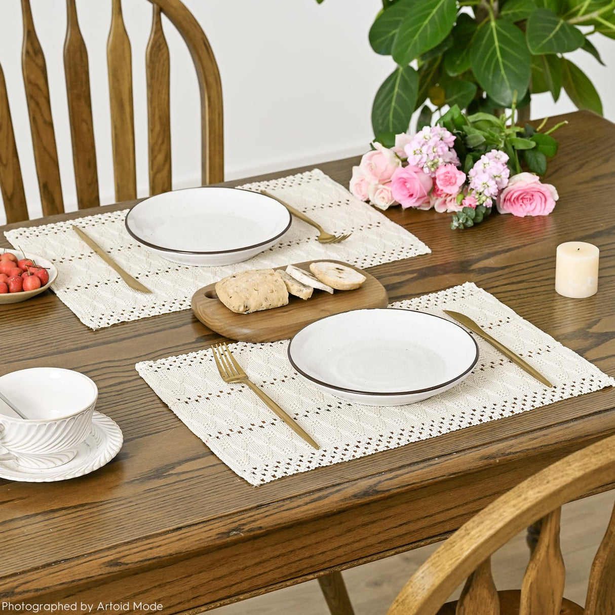 Artoid Mode Beige Farmhouse Woven Rustic Hollow Placemats Set of 4,12x18 Inch Seasonal Holiday Table Mats Party Kitchen Dining Decoration Artoid Mode