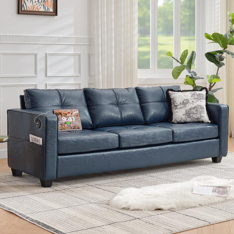 TYBOATLE 88" W Faux Leather Couch w/Side Pockets, Mid-Century Modern Tufted Comfy Leather Couches w/USB and Wider Arms, 3 Seater Sofa for Office, Apartment, Bedroom, Blue (Blue, 3 Seater) TYBOATLE